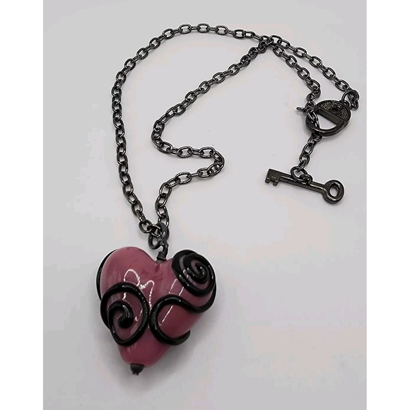 The Unbranded Brand Jewelry - Pink Artisan Glass Heart Swirl Pendant Padlock Key Valentines Day Vintage Goth